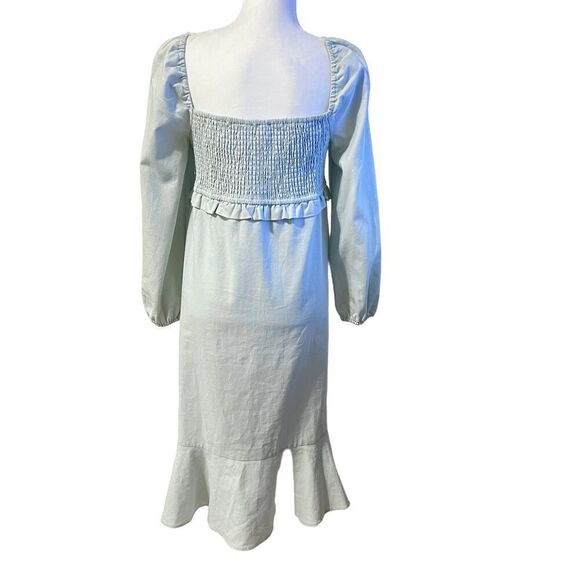7 For All Mankind Women's Light Blue Linen Smocked Square Neck Midi Dress Large - Picture 8 of 13